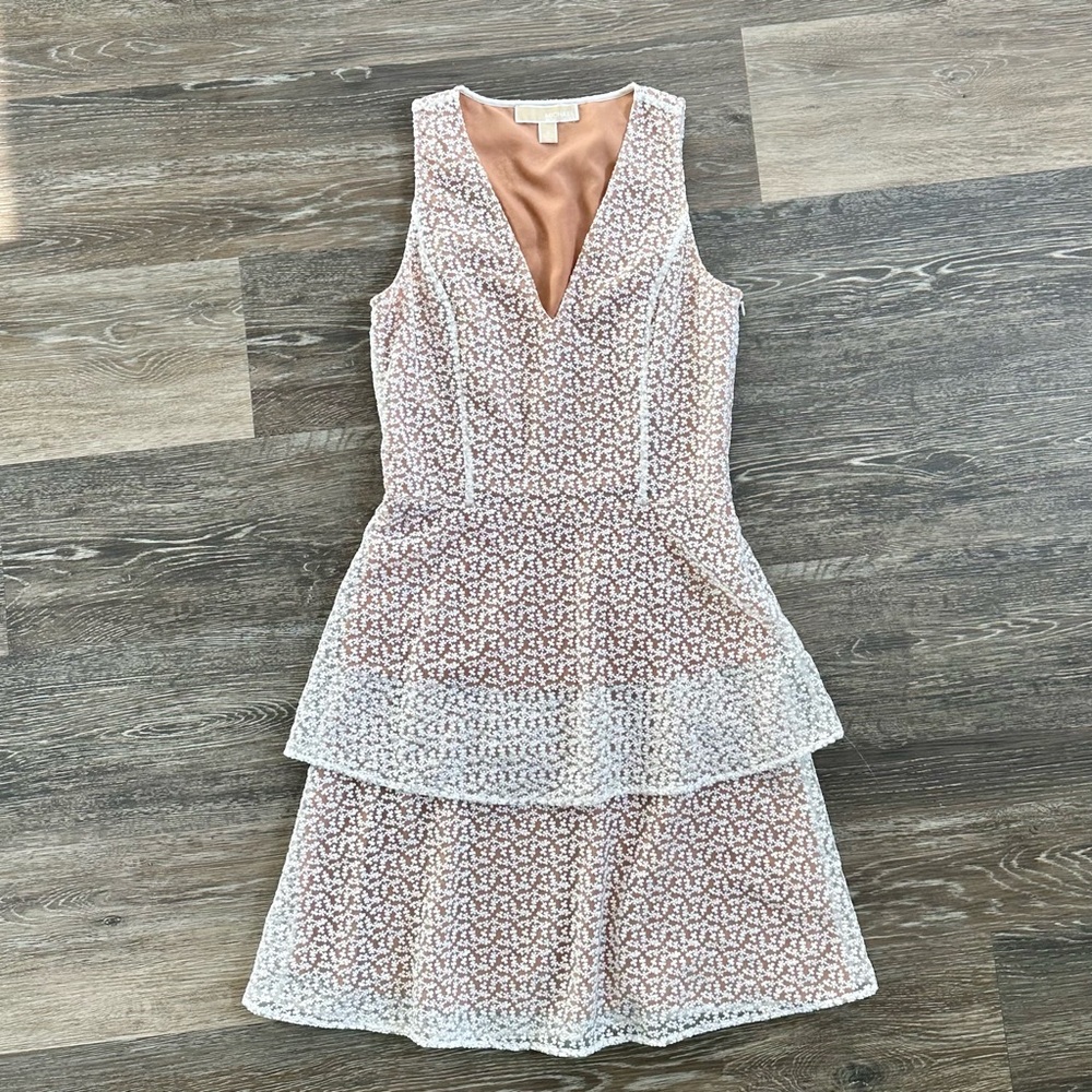 Michael Kors White Lace Tiered V-Neck Mini Dress Sleeveless Eyelet Lined 0